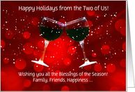 Holiday From the Two of Us Two Glasses of Wine Toasting Snow Custom card
