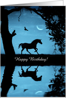 Birthday Fantasy with Unicorn Raven Owl and Crescent Moon Custom Text card