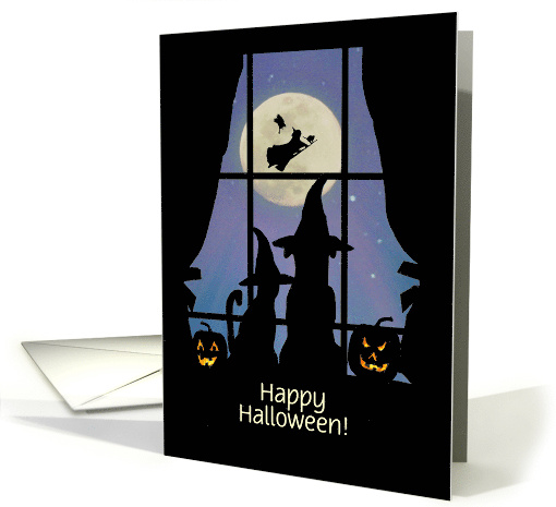 Halloween Custom Front Text with Dog and Cat in Window Cute card
