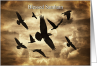 Blessed Samhain with Ravens or Crows and Moon Sepia Tones and Poem card