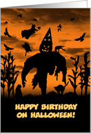 Halloween Birthday Cute Custom Scarecrow with Party Hat and Witch card