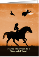 Teen Halloween with Girl Horseback Witch Raven Cat and Moon Custom card