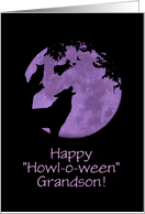 Grandson Happy Halloween with Wolf Owl and Witch Big Moon Custom card