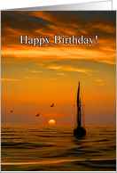 Nautical Happy Birthday with Sailboat Sunset and Seagulls on the Ocean card