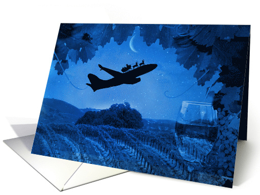Christmas Holiday Wine Themed Funny with Santa on an Airplane card