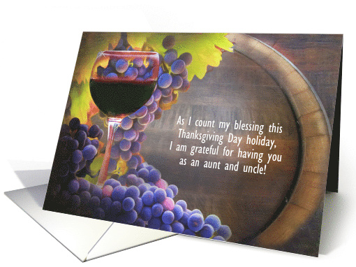 Aunt and Uncle Happy Thanksgiving Custom Text Wine and Barrel card