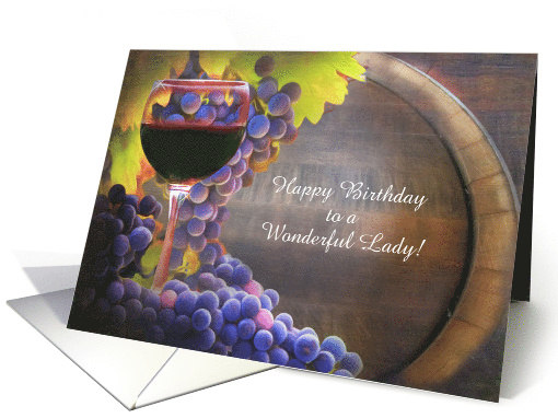 Birthday for Her Happy Birthday Lady with Wine and Grapes Custom card