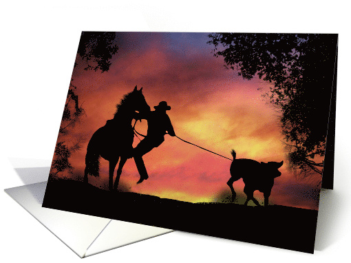 cowboy and Horse Roping a Steer in the Sunset Cool Birthday card