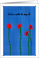 Note to say hi with red flowers and blue card