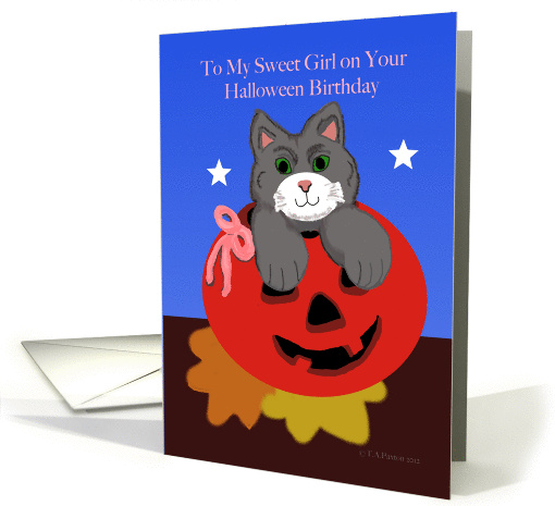 Cat in a Jack o Lantern Halloween Birthday Girl card (969123)