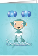 baby chimp balloons blue - congratulations card
