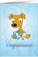 baby whippet and cuddly bunny - blue(congratulation) card