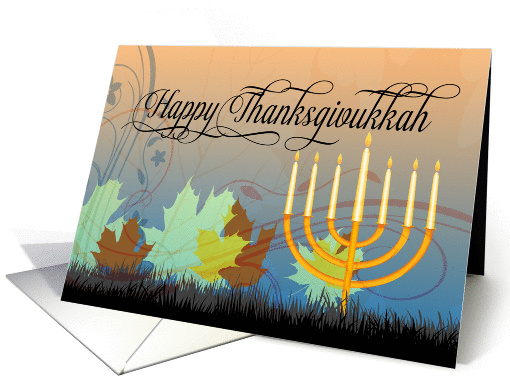 Happy Thanksgivukkah, Swirls Leaves Menorah Thanksgiving/Hanukkah card