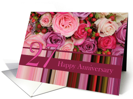 27th Wedding Anniversary Card - Pastel roses and stripes card