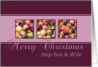 Step Son & Wife - Merry Christmas, purple colored ornaments card