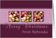 Nebraska - Merry Christmas - purple colored ornaments card