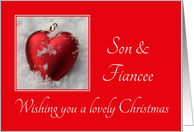 Son & Fiancee - A Lovely Christmas, heart shaped ornaments card