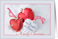 Step Daughter & Partner - A Lovely Christmas, heart shaped ornaments card