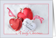 Step Sister & Husband - A Lovely Christmas, heart shaped ornaments card