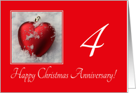 4th Christmas Wedding Anniversary, heart shaped ornaments card