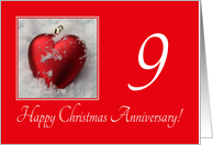 9th Christmas Wedding Anniversary, heart shaped ornaments card
