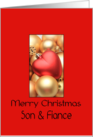 Son & Fiance Merry Christmas - Gold/Red ornaments card