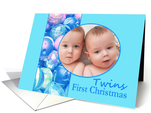 photocard Baby Twins First Christmas - Baby boys blue ornament card