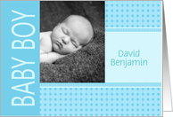Baby Boy Birth Announcement Photo Card Blue dots and stripes card