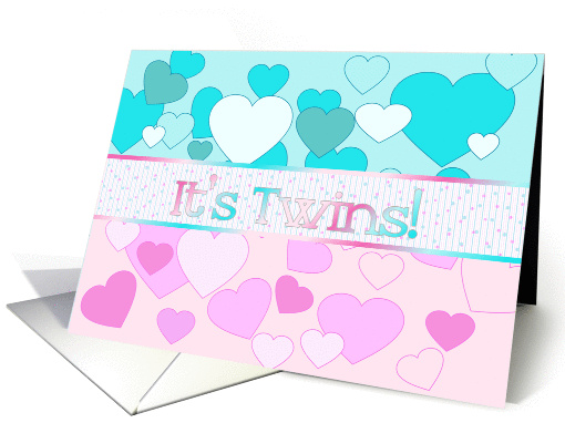Boy/Girl Twins Birth Announcement pink & blue hearts card (1234240)
