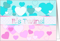 Boy/Girl Twins Birth Announcement pink & blue hearts card
