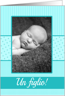 Italian Baby Boy Birth Announcement Photo Card Blue dots and stripes card