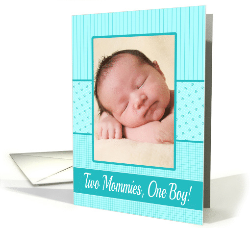 Lesbian Mommies Baby Boy Birth Announcement Photo Card Blue dots card