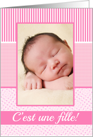 French Girl Birth Announcement Photo Card Pink dots card