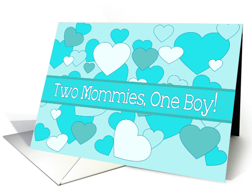 Two Mommies, one Boy Birth Announcement Blue Hearts card (1235648)