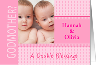 Twin Girl Pink Godmother Invitation Dots and Stripes Photocard card