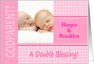 Twin Girls Pink Godparent Invitation Dots and Stripes Photocard card