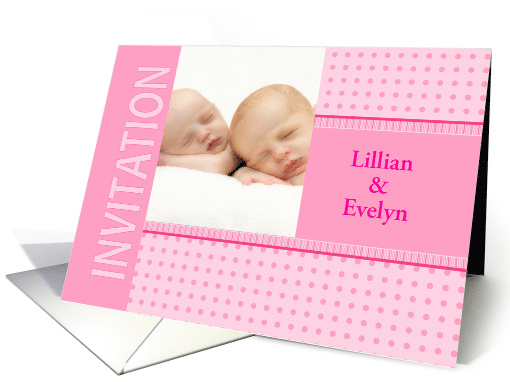 Twin Girls Pink Christening Invitation Dots and Stripes Photocard card