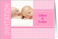 Twin Girls Pink Christening Invitation Dots and Stripes Photocard card