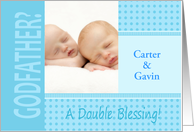 Twin Boys Blue Godfather Invitation In Dots and Stripes Photocard card