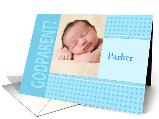 Boy Blue Godparent Invitation In Dots and Stripes Photocard card
