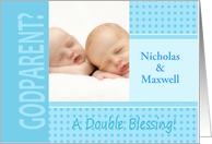 Twin Boys Blue Godparent Invitation In Dots and Stripes Photocard card