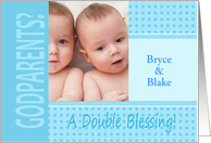 Twin Boys Blue Godparents Invitation In Dots and Stripes Photocard card