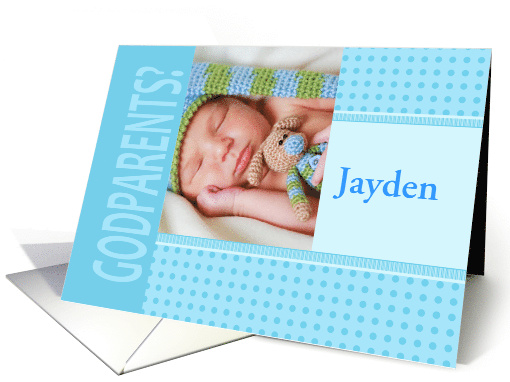 Boy Blue Godparents Invitation In Dots and Stripes Photocard card