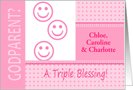 Triplet Girls Pink Godparent Invitation Dots and Stripes Photocard card