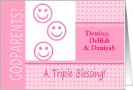 Triplet Girls Pink Godparents Invitation Dots and Stripes Photocard card