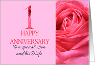 1st Anniversary to Son and Wife Pink Rose Close Up card