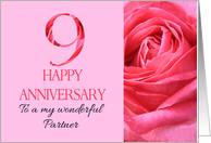 9th Anniversary to Partner Pink Rose Close Up card