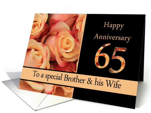 65th Anniversary, Brother & Wife multicolored pink roses card