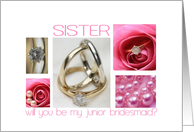 Sister will you be my junior bridesmaid pink wedding collage card