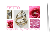 Sister will you be my maid of honor pink wedding collage card